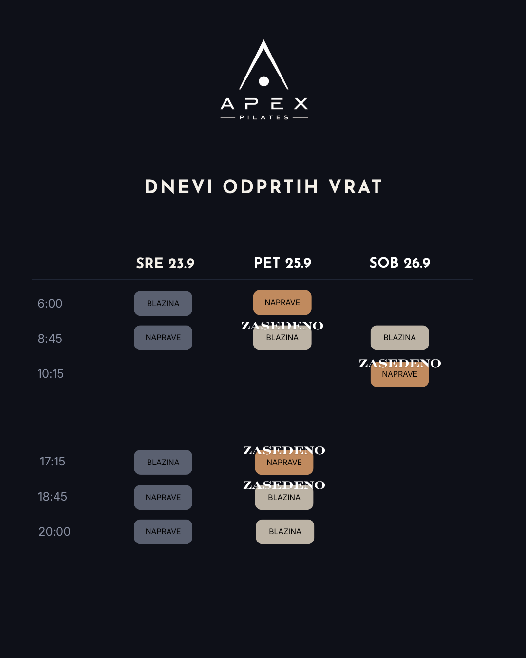 APEX Pilates — urnik dnevov odprtih vrat