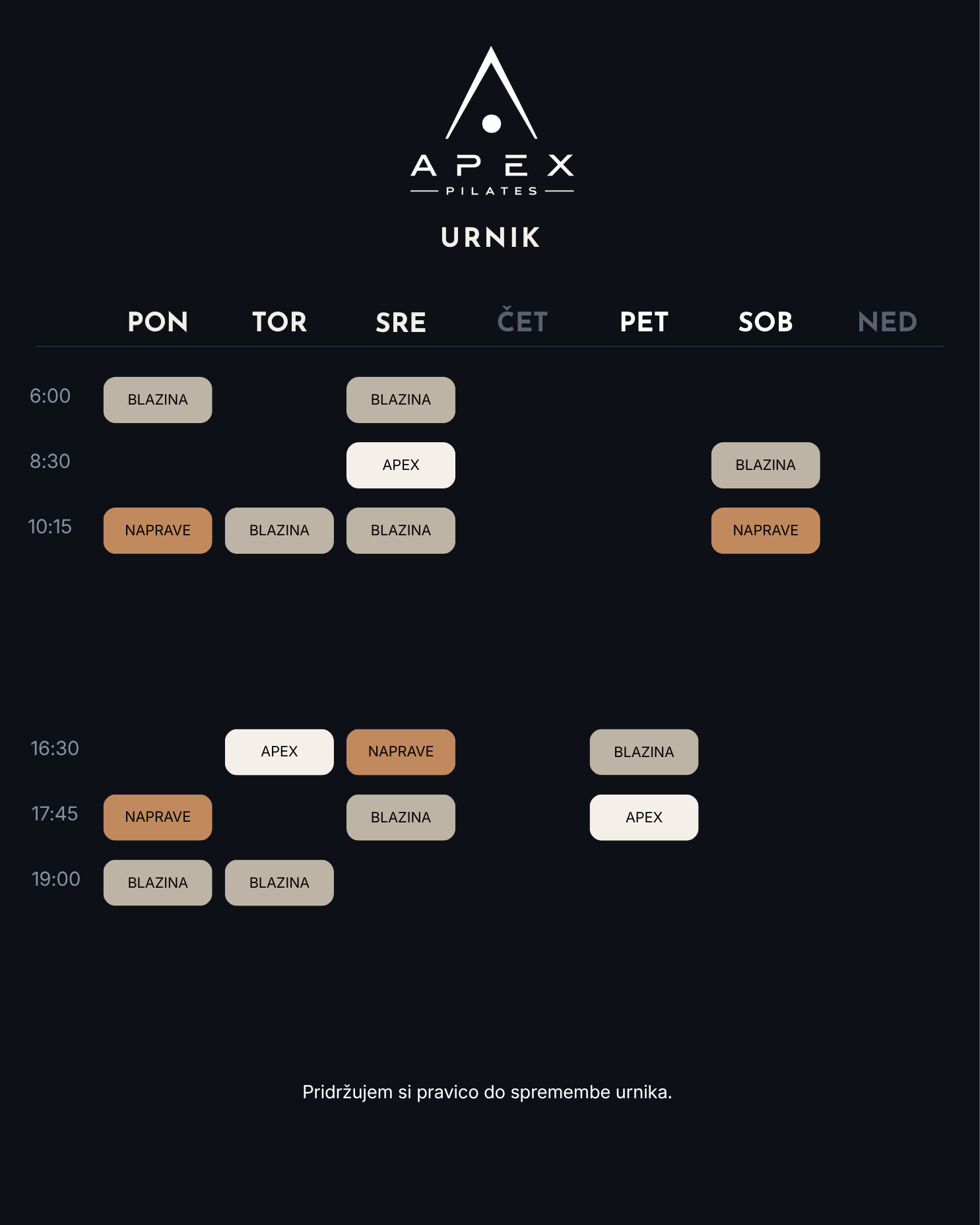 APEX Pilates — tedenski urnik